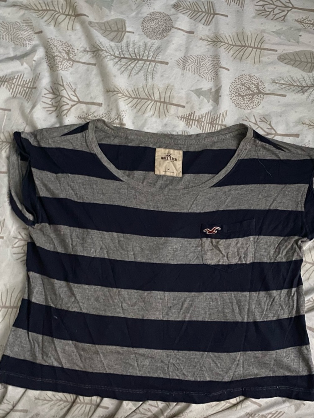 Hollister Gray and Navy Striped Pocket Tee